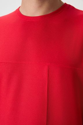 تی شرت قرمز مردانه یقه گرد پنبه - پلی استر اورسایز تکی جوان کد 814582878