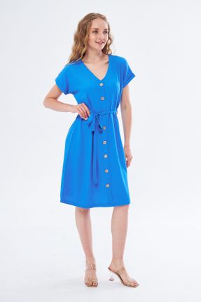 لباس آبی زنانه بافت پلی استر رگولار آستین-کوتاه بیسیک کد 831540392