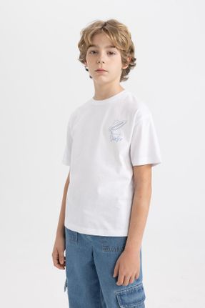 تی شرت سفید بچه گانه رگولار یقه گرد تکی کد 822243886