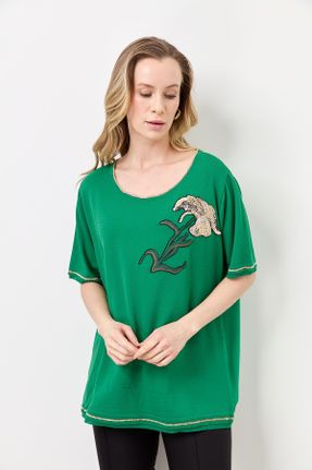 تی شرت سبز زنانه اورسایز یقه خدمه 1 - 19 بیسیک کد 810038506