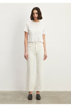 شلوار جین سفید زنانه پاچه گشاد فاق بلند پنبه (نخی) کد 701901715