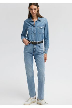 شلوار جین آبی زنانه پاچه ساده فاق بلند پنبه (نخی) کد 806820764