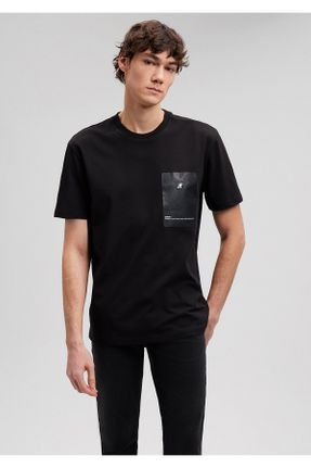 تی شرت مشکی مردانه ریلکس یقه گرد پنبه (نخی) تکی کد 810719982