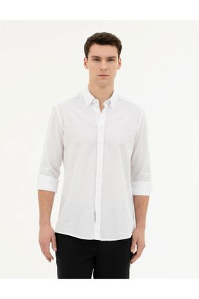 پیراهن سفید مردانه رگولار یقه پیراهنی نخ کتان کد 831138088