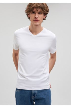 تی شرت سفید مردانه Fitted یقه هفت الاستن تکی بیسیک کد 3410373