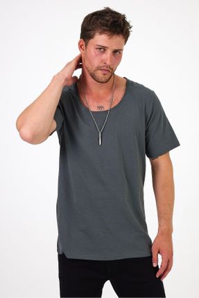 تی شرت طوسی مردانه رگولار یقه گشاد پنبه (نخی) کد 830961765