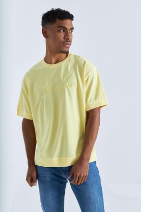 تی شرت زرد مردانه اورسایز یقه گرد پنبه - پلی استر تکی جوان کد 290312300