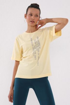 تی شرت زرد زنانه اورسایز یقه گرد پنبه (نخی) تکی جوان کد 94610011