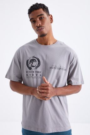 تی شرت طوسی مردانه رگولار یقه گرد پنبه (نخی) تکی جوان کد 277152320