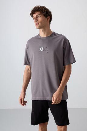 تی شرت طوسی مردانه اورسایز یقه گرد پنبه - پلی استر تکی جوان کد 812621305