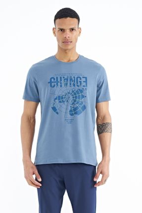 تی شرت آبی مردانه رگولار یقه گرد تکی جوان کد 708927241