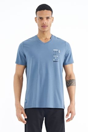 تی شرت آبی مردانه رگولار یقه هفت تکی جوان کد 669153809