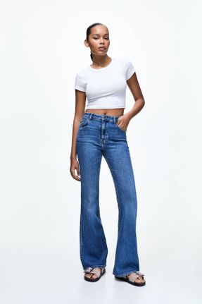 شلوار جین آبی زنانه پاچه اسپانیولی فاق بلند پنبه (نخی) استاندارد کد 801145150