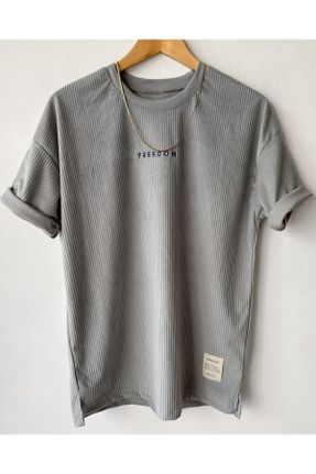 تی شرت طوسی مردانه اورسایز یقه گرد پنبه (نخی) تکی طراحی کد 744343998