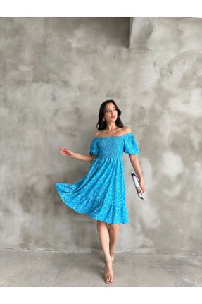 لباس آبی زنانه تریکو تریکو طرح گلدار ریلکس آستین-کوتاه کد 831309151