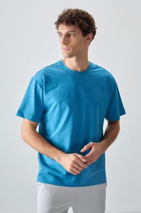 تی شرت آبی مردانه اورسایز یقه گرد پنبه - پلی استر تکی بیسیک کد 811844086
