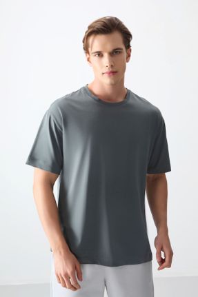 تی شرت خاکی مردانه اورسایز پنبه - پلی استر یقه گرد تکی بیسیک کد 808520923