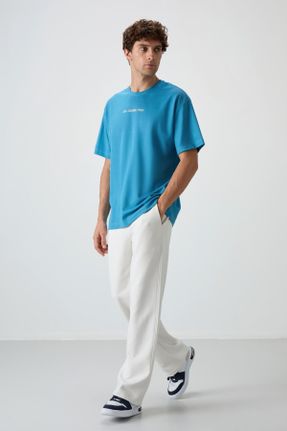 تی شرت آبی مردانه یقه گرد پنبه - پلی استر اورسایز تکی جوان کد 815770726