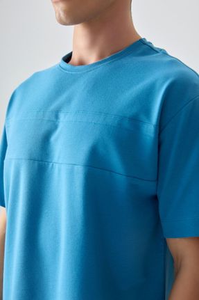 تی شرت آبی مردانه پنبه - پلی استر یقه گرد اورسایز تکی کد 811844145