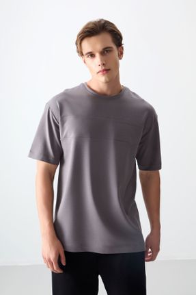 تی شرت طوسی مردانه اورسایز یقه گرد پنبه - پلی استر تکی کد 813524303