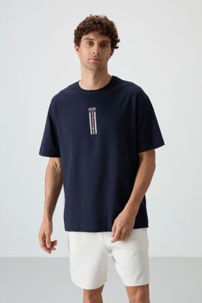 تی شرت سرمه ای مردانه اورسایز پنبه - پلی استر یقه گرد تکی جوان کد 815766427