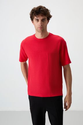 تی شرت قرمز مردانه اورسایز یقه گرد پنبه - پلی استر تکی جوان کد 814582878