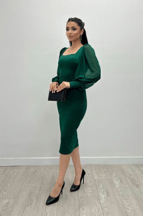 لباس مجلسی سبز زنانه پلی استر رگولار یقه مربع آستر دار کد 215501156