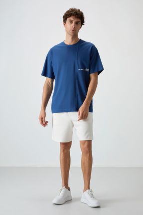 تی شرت آبی مردانه اورسایز یقه گرد پنبه - پلی استر تکی جوان کد 815773432