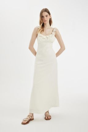 لباس سفید زنانه بافتنی A-line بند دار کد 831581338