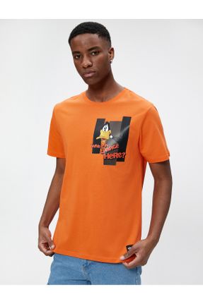 تی شرت نارنجی مردانه رگولار یقه گرد پنبه (نخی) تکی کد 690777951