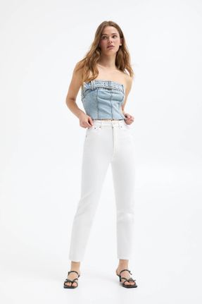 شلوار جین سفید زنانه پاچه ساده فاق بلند پنبه (نخی) کد 803384536