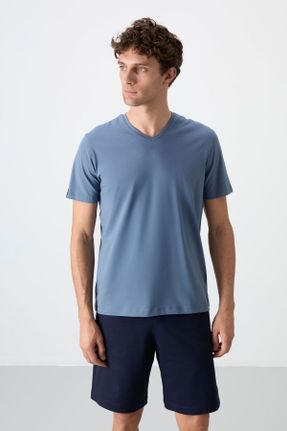 تی شرت آبی مردانه یقه هفت پنبه (نخی) رگولار تکی جوان کد 89238032