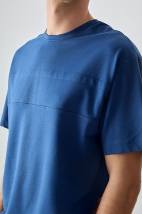 تی شرت آبی مردانه یقه گرد پنبه - پلی استر اورسایز تکی کد 812610109
