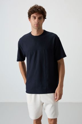 تی شرت سرمه ای مردانه اورسایز یقه گرد پنبه - پلی استر تکی جوان کد 815767261