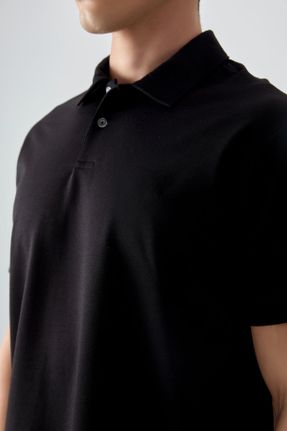 تی شرت مشکی مردانه یقه پولو پنبه - پلی استر اورسایز تکی کد 813524450