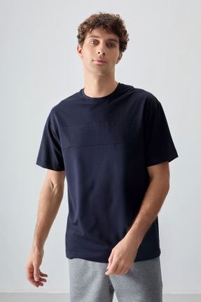 تی شرت سرمه ای مردانه پنبه - پلی استر اورسایز یقه گرد تکی کد 813524311