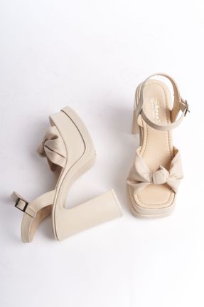 کفش پاشنه بلند پر بژ زنانه پاشنه بلند ( +10 cm) چرم مصنوعی پاشنه پلت فرم کد 810320686