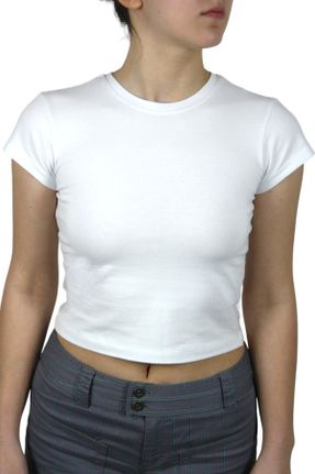 تی شرت سفید زنانه کراپ فیت یقه گرد بیسیک کد 831594065