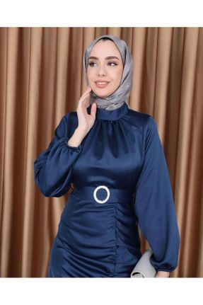 لباس مجلسی سرمه ای زنانه ساتن اسلیم فیت یقه ایستاده بدون آستر کد 831829767