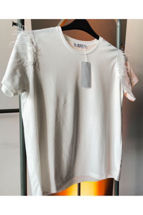تی شرت سفید زنانه رگولار یقه هفت پنبه (نخی) تکی طراحی کد 815694186