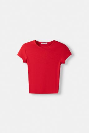 تی شرت قرمز زنانه یقه گرد پنبه (نخی) رگولار تکی بیسیک کد 831843910