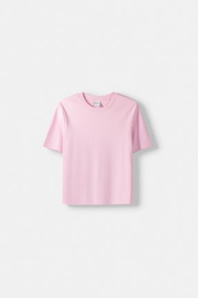 تی شرت صورتی زنانه ریلکس یقه دگاژه پنبه (نخی) کد 831841072