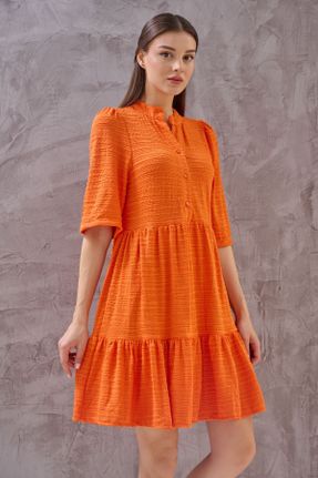 لباس نارنجی زنانه بافتنی کتان راحت آستین-بلند بیسیک کد 813623670