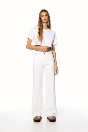 شلوار جین سفید زنانه پاچه گشاد فاق بلند کاپری کد 811108520