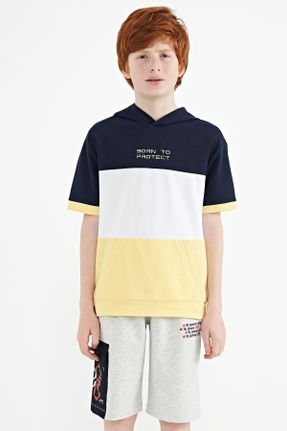 تی شرت زرد بچه گانه اورسایز کلاه دار پنبه - پلی استر تکی جوان کد 710364502