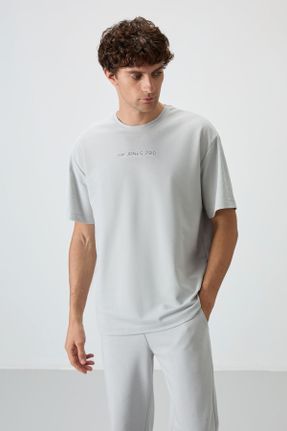 تی شرت طوسی مردانه یقه گرد پنبه - پلی استر اورسایز تکی جوان کد 815774380