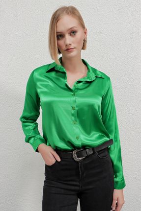 پیراهن سبز زنانه اورسایز یقه پیراهنی پلی استر کد 661953732