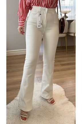 شلوار جین سفید زنانه پاچه اسپانیولی سوپر فاق بلند جین کد 830998827
