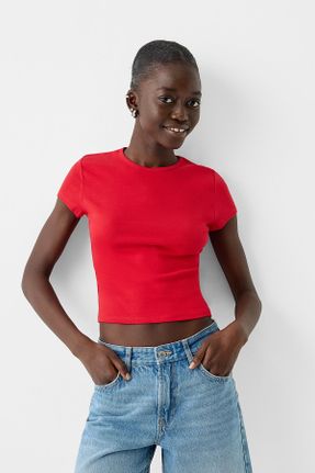 تی شرت قرمز زنانه رگولار یقه گرد پنبه (نخی) تکی بیسیک کد 831843910