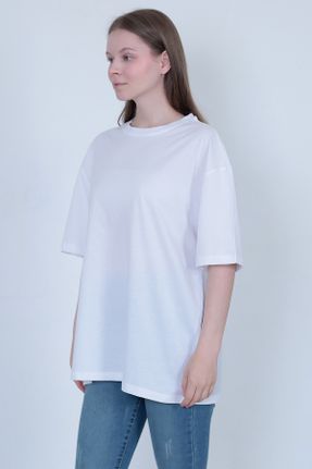 تی شرت سفید زنانه اورسایز یقه گرد تکی کد 832041870